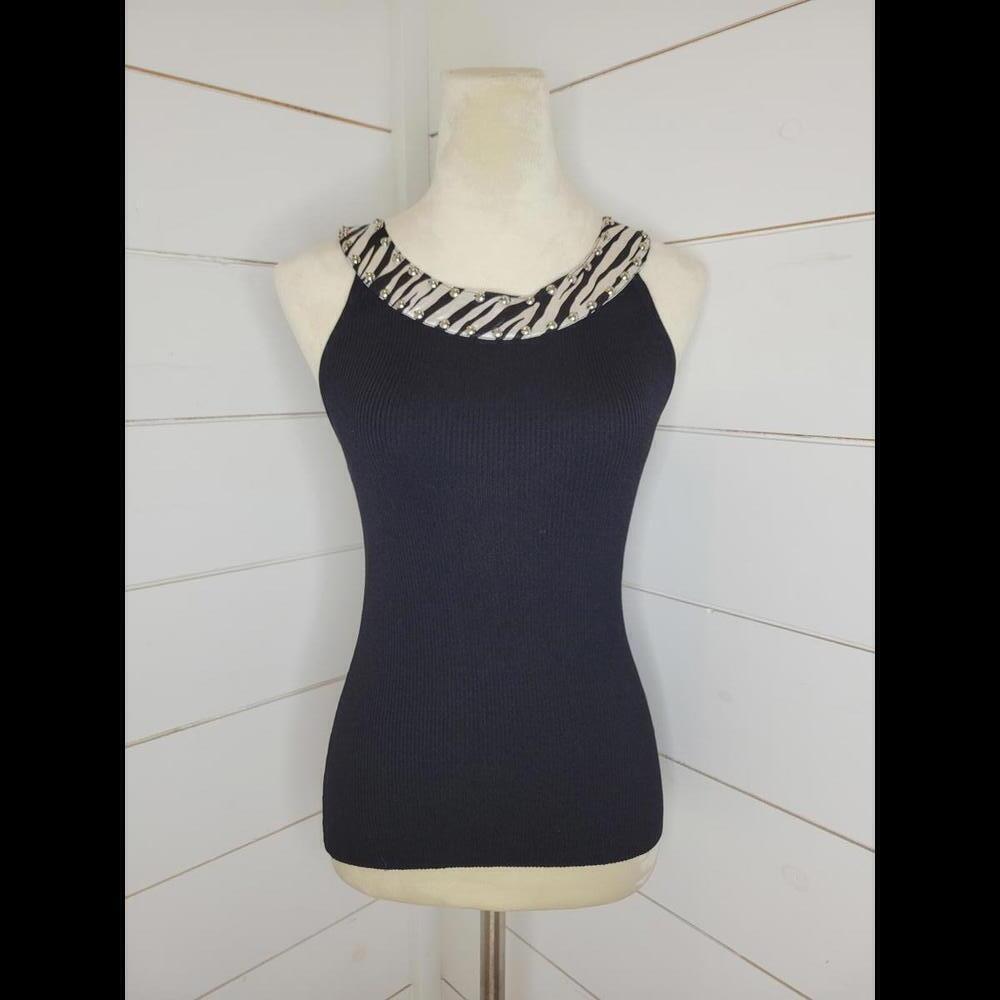Y2K Belldini medium black ribbed sleeveless sweater with studded zebra neckline